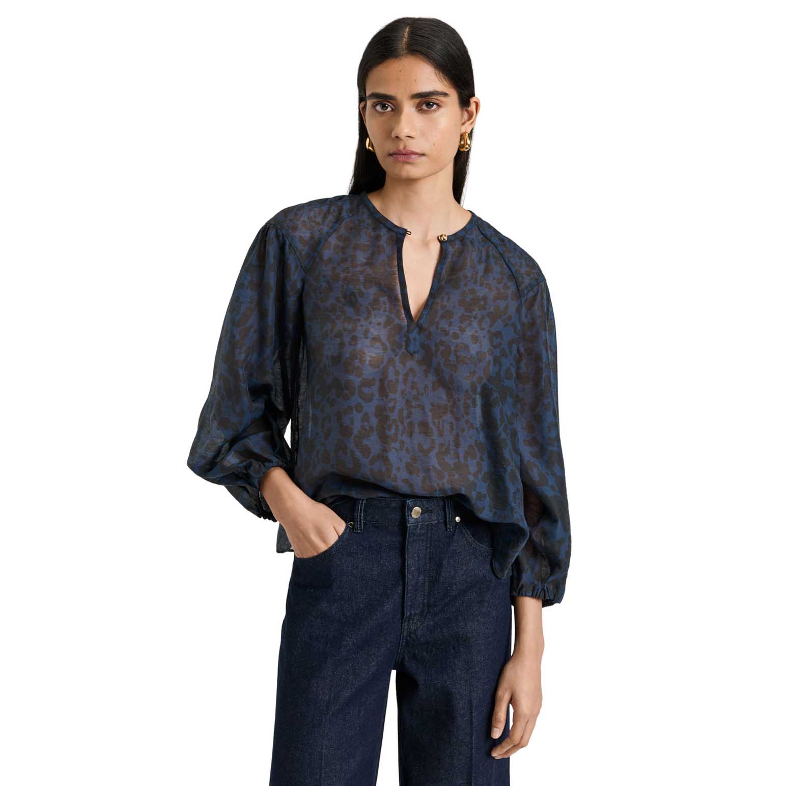 Veronika Maine Ink Leopard Haze Blouson Sleeve Top